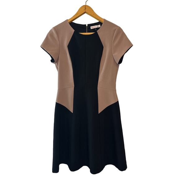Rebecca Taylor Black Tan Colorblock A-Line Dress Sz 4 Short Sleeve Work Cocktail - Picture 1 of 8